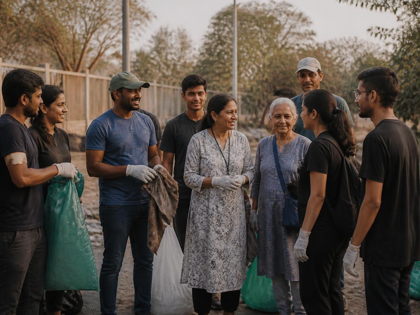 Community volunteers of different ages standing together after a cleanliness drive