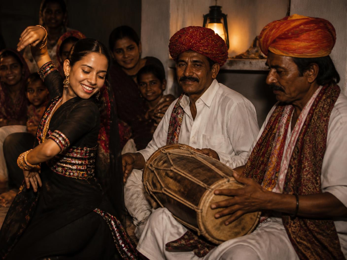 Musicians playing a dholak while a young dancer performs at a community gathering