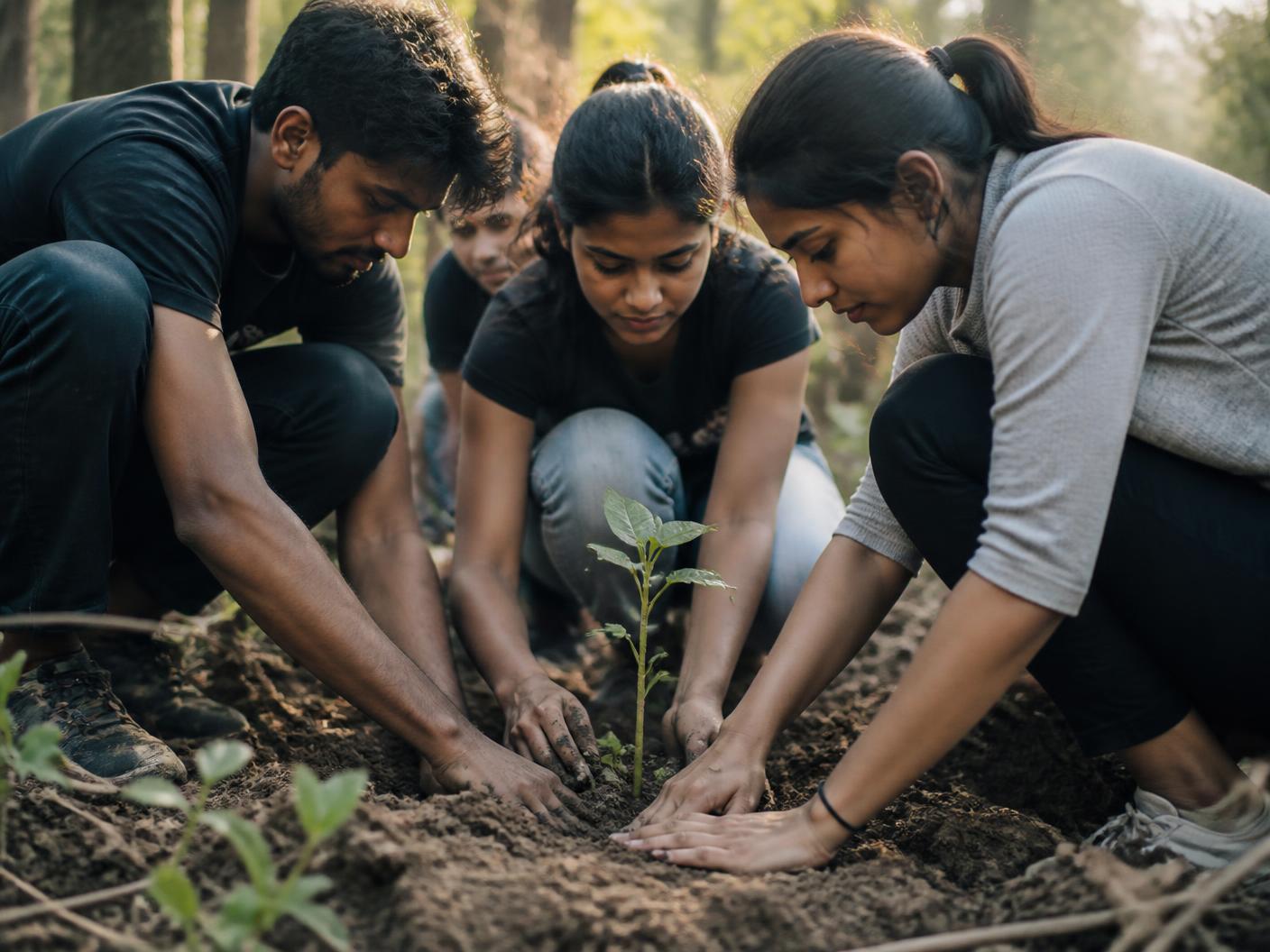 Volunteers pressing soil around a newly planted sapling