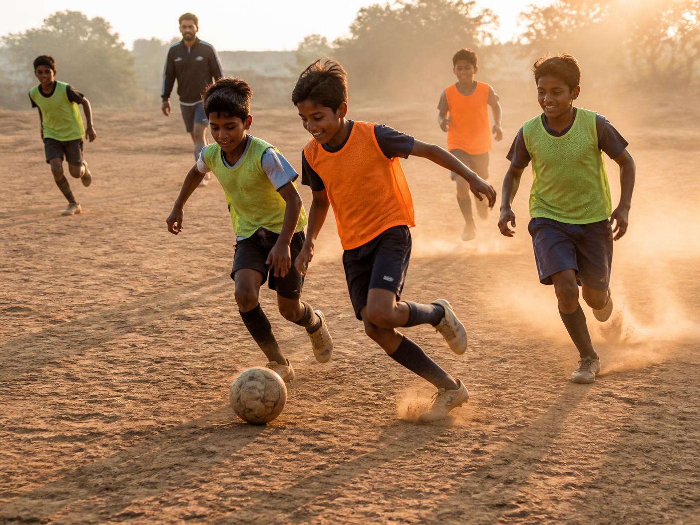 Young players running with a football on an open ground at sunset